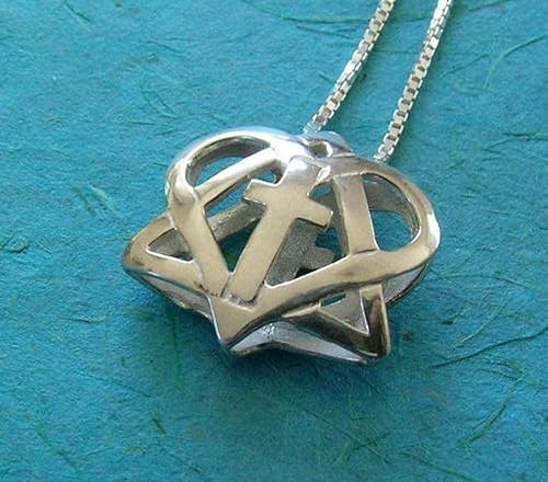 Miniatura 2 de Estrella de David con collar de cruz, colgante de plata mesiánica 925 en forma de corazón 3D, joyería interreligiosa cristiana judía
