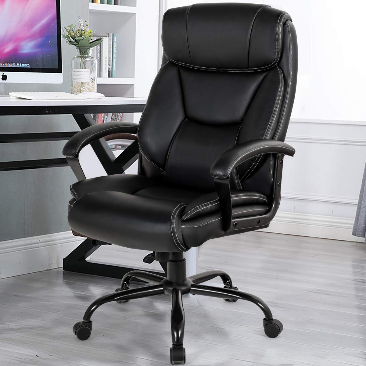 COSTWAY Chefsessel, ergonomischer Bürostuhl bis 220 kg belastbar, Schreibtischstuhl mit Wippfunktion, höhenverstellbar, Computerstuhl, PC Stuhl, Drehstuhl für Große Menschen