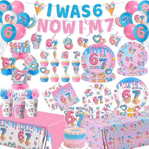 Ice Cream Birthday Party Decorations 6 7 Birthday Decorations Set I Was 6 Now Im 7 Banner Plates Napkins Cups Tablecloth Balloons for Kids & Girls 7TH Birthday Themed Parties Serves 24