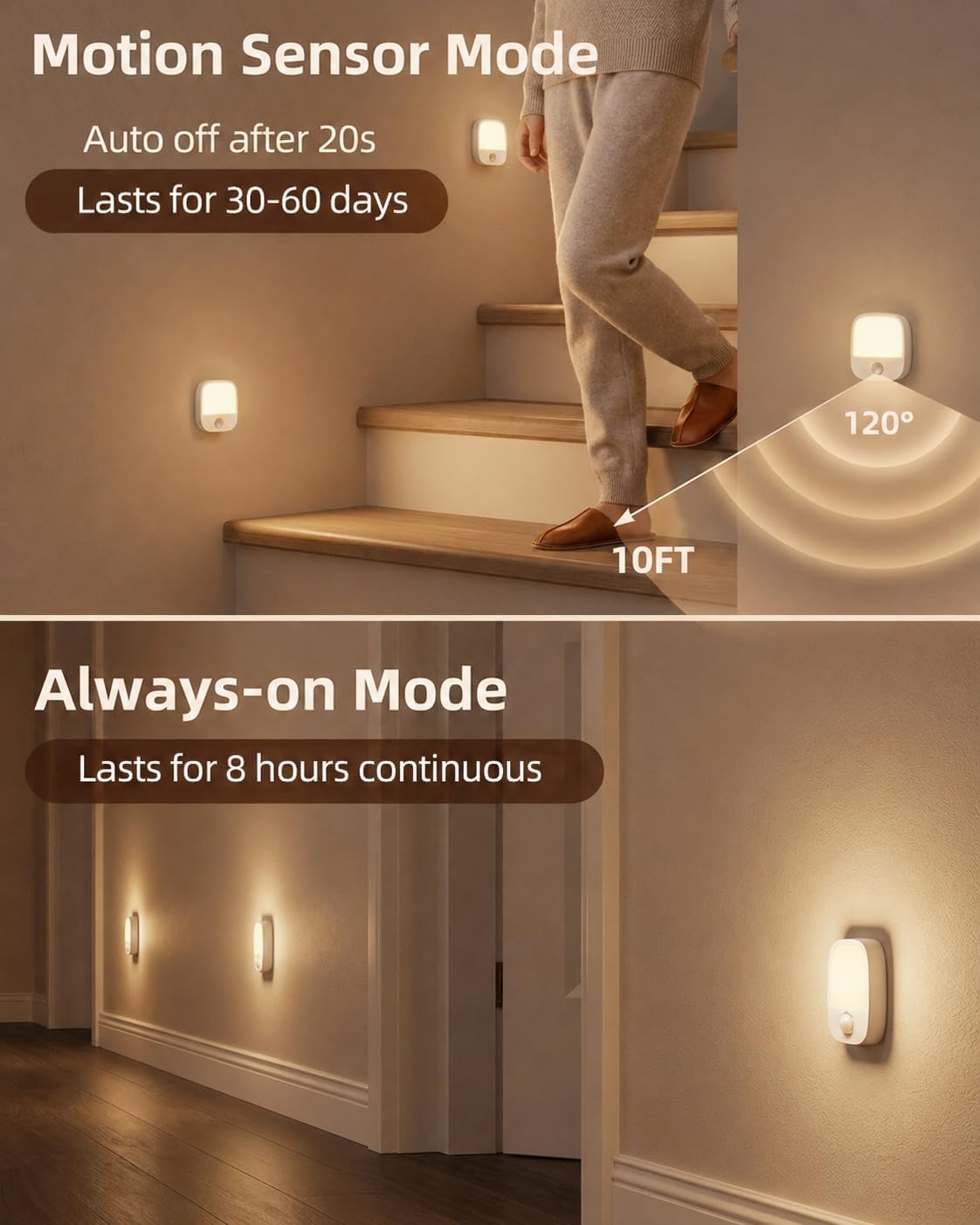 Two images showing the night light in different modes: top image shows motion sensor mode with a person walking up stairs, bottom image shows always-on mode with multiple lights illuminating a hallway.