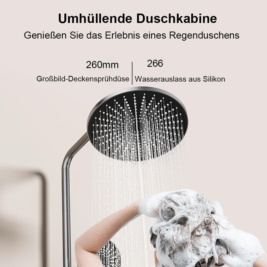 Saliscendi Doccia Grigio Metallizzato Rubinetto a Parete Bagno | Saliscendi doccia a parete,soffione rotondo 260mm,4 uscite acqua,ripiano integrato,asta regolabile