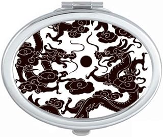 Two Chinese Dragon Animal Pearl Circle Mirror Portable Fold Hand Makeup Double Side Glasses