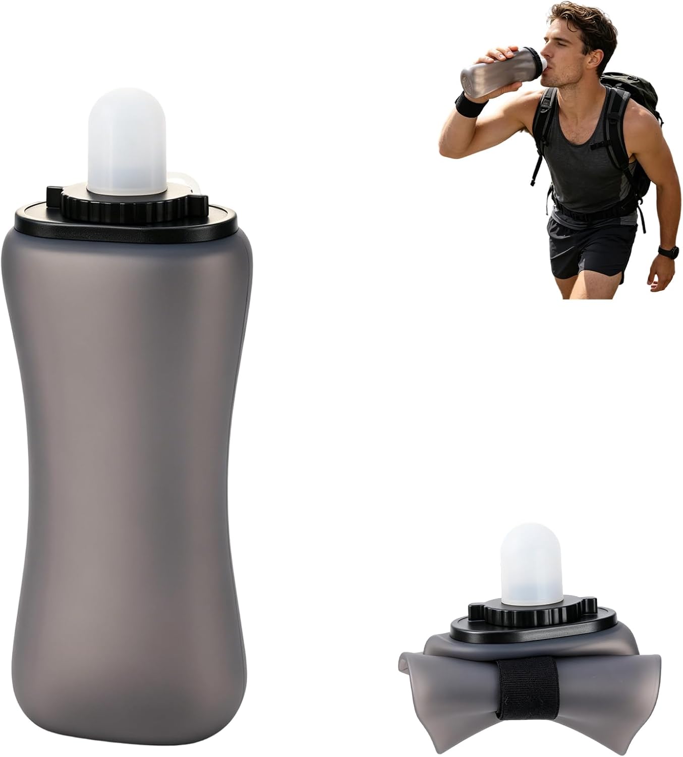 Handheld Running Water Bottle 350ml, Collapsible Silicone Water Bottle with Strap, Leak-Proof, for Running, Hiking, Cycling, Travel (Black)