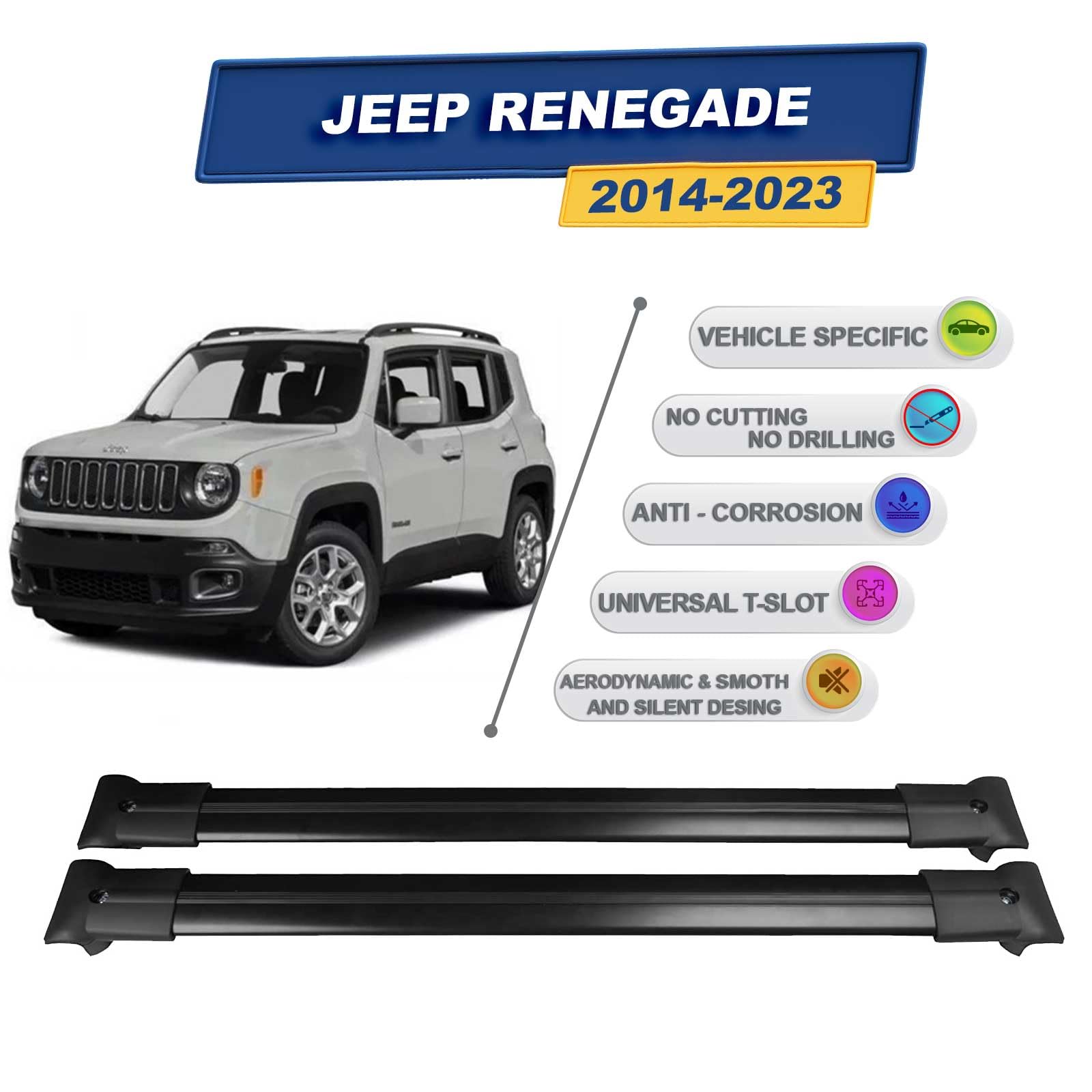 Rekapa-Barre Portatutto Compatibili Con Jeep Renegade 2014-2023 Alluminio Portapacchi Auto Barre Da Tetto Set 2 Pcs Nero