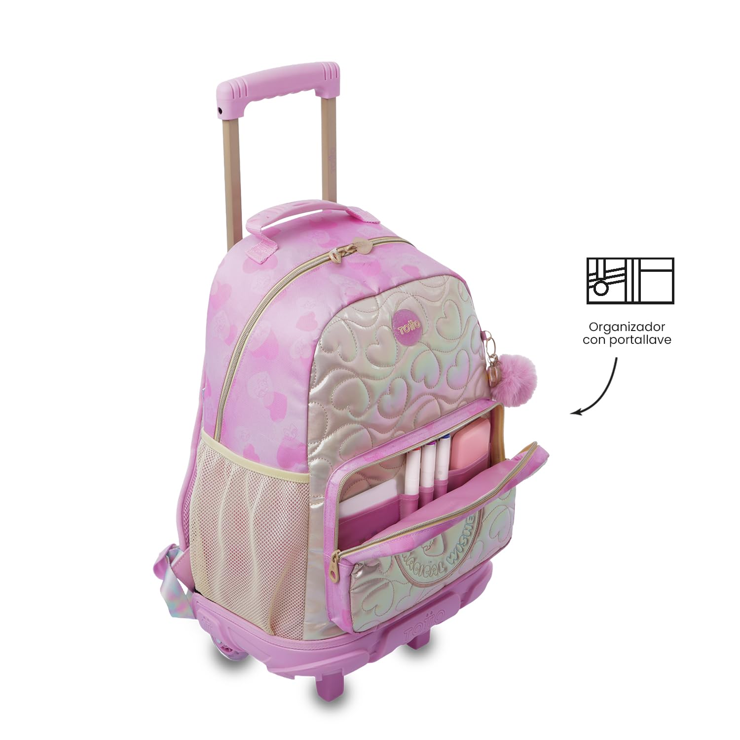 TOTTO - Mochila Escolar con Ruedas, Modelo Unicorn Kisses L, Mochila Grande, Capacidad 31 L, Bolsillos Botella, Compartimento Frontal, Protección en la Base, Correas Ajustables, Estampado Rosa