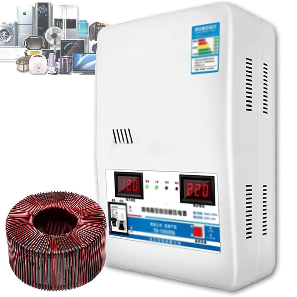 Automatyczny stabilizator napięcia 6800 W/15000 W/20000 W, jednofazowy stabilizator prądu przemiennego Zasilanie do montażu na ścianie lub układania na płasko 220 V (20000W)