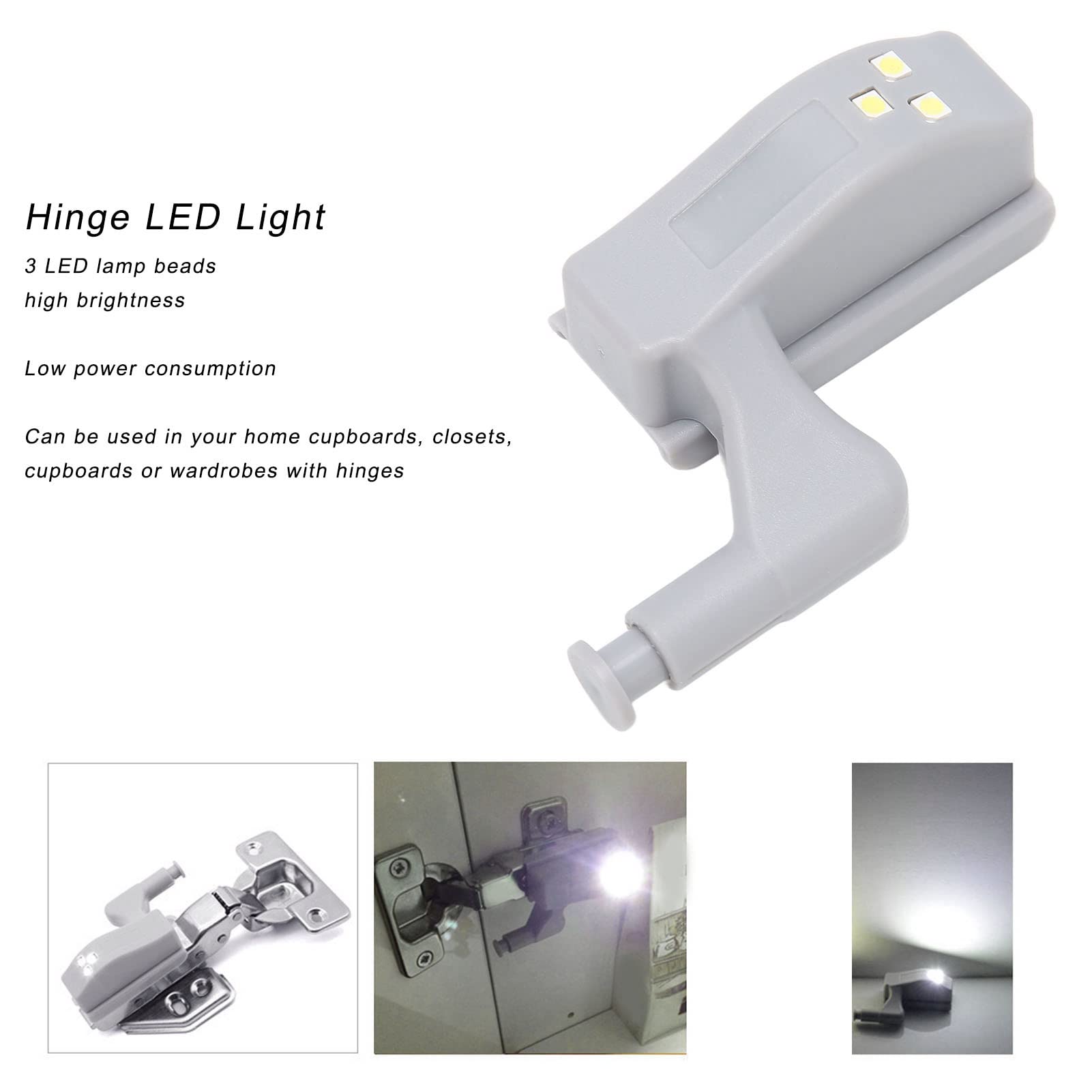 Aramox 10 Sets Cabinet Cupboard Hinge Led Light with 3 Led Lamp Beads High Brightness Low Power Easy Install for Wardrobe (White light + battery)
