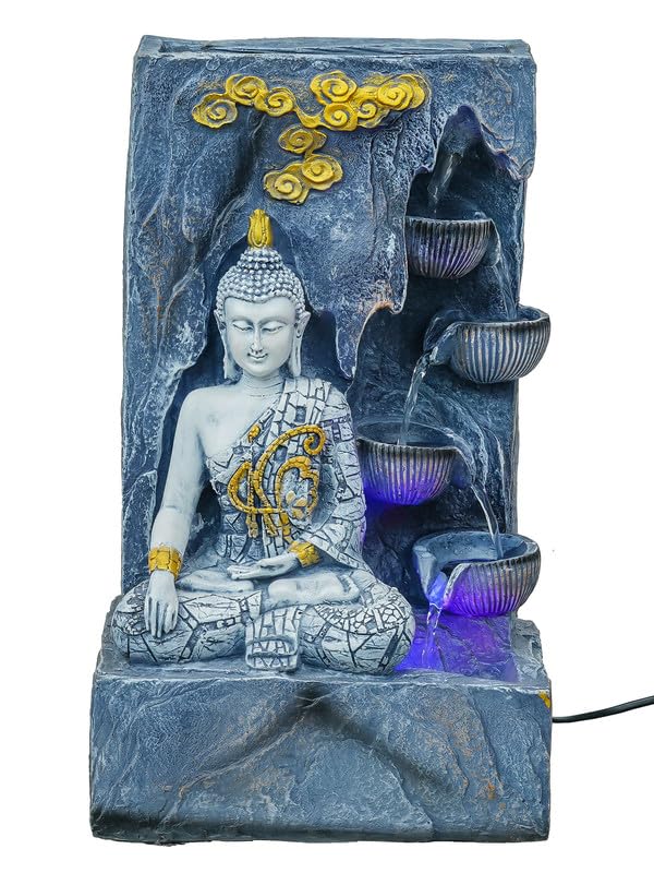 Image of Grey Polyresin Tabletop Designer 4 Step Indoor Water Fountain for Home Decor with LED, Speed Control Pump (Size: 26 x 18 x 44 CM | Weight: 2910Gram)