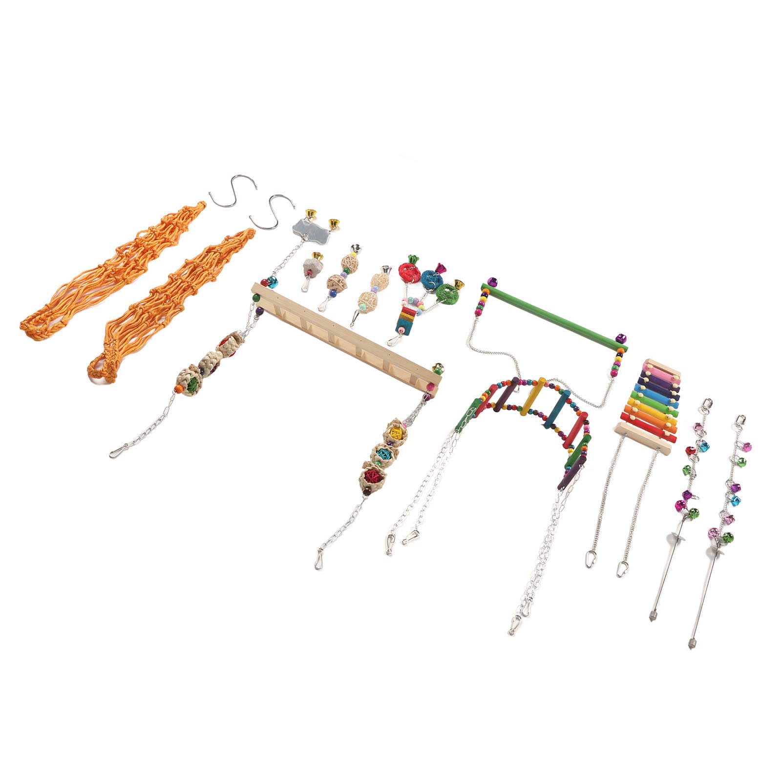 12-teiliges Hühnerstall-Spielzeug, bunte Leier, Schaukel, Hängebrücke, Leiter, Obstgabeln, Spiegel, Rattan-Kugelschnur-Set