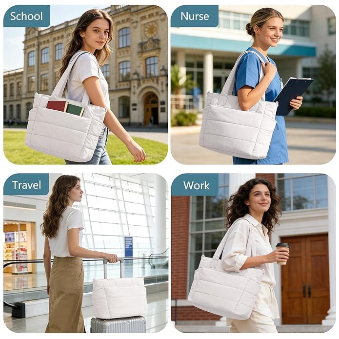 Image of Tote Bag for Women Puffer Tote Bag Large Nurse Bags Shoulder Handbag with Zipper for Work Travel,16.3 x 6.3 x 12 inches (MULTI COLOR) (6 Month Warranty)