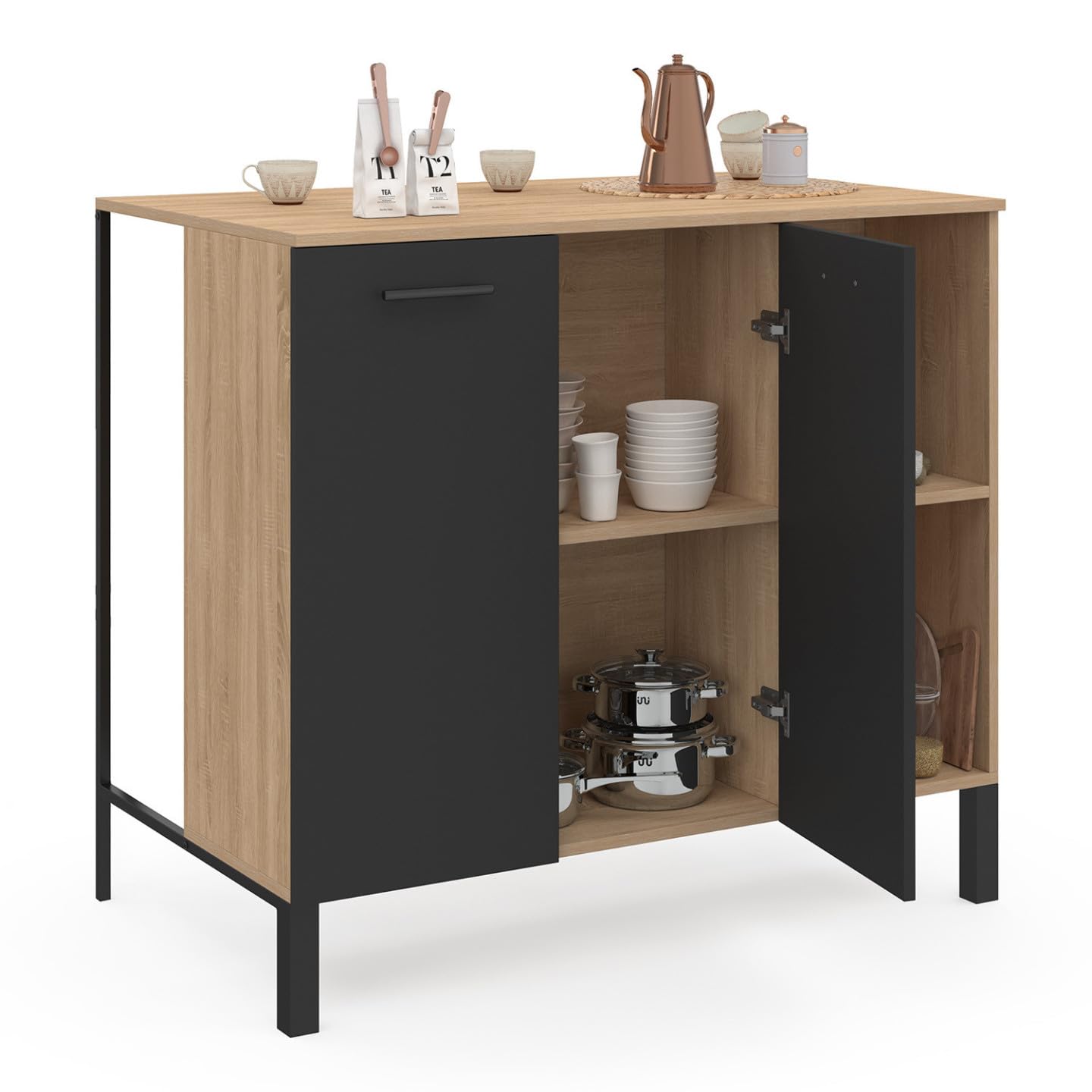 IDMarket - Tavolo bar a isola CINA da 100 cm in legno nero con piano in faggio