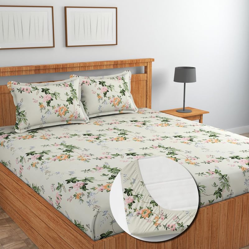 Image of NEW LEAF Cotton Fitted King Size Bedsheets with 2 Pillow Covers | Elastic Fitted | Wrinklefree | Ultrasoft |Winter Bedsheet 220 tc tc Floral | 710x72+10 Inches, White Brown