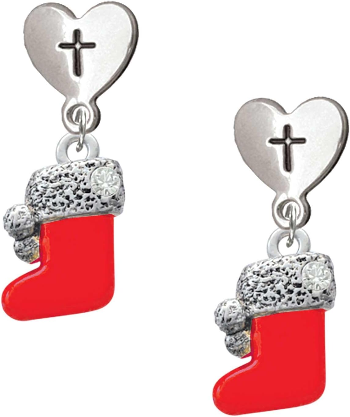 Delight Jewelry Plated 3-D Christmas Stocking Plated Cross in Heart Post Dangle Earrings