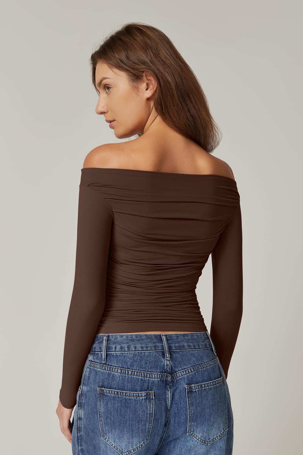 QINSEN Womens Off Shoulder Long Sleeve Tops Ruched Going Out Crop Slim Fitted Double Lined Shirts - Image 4