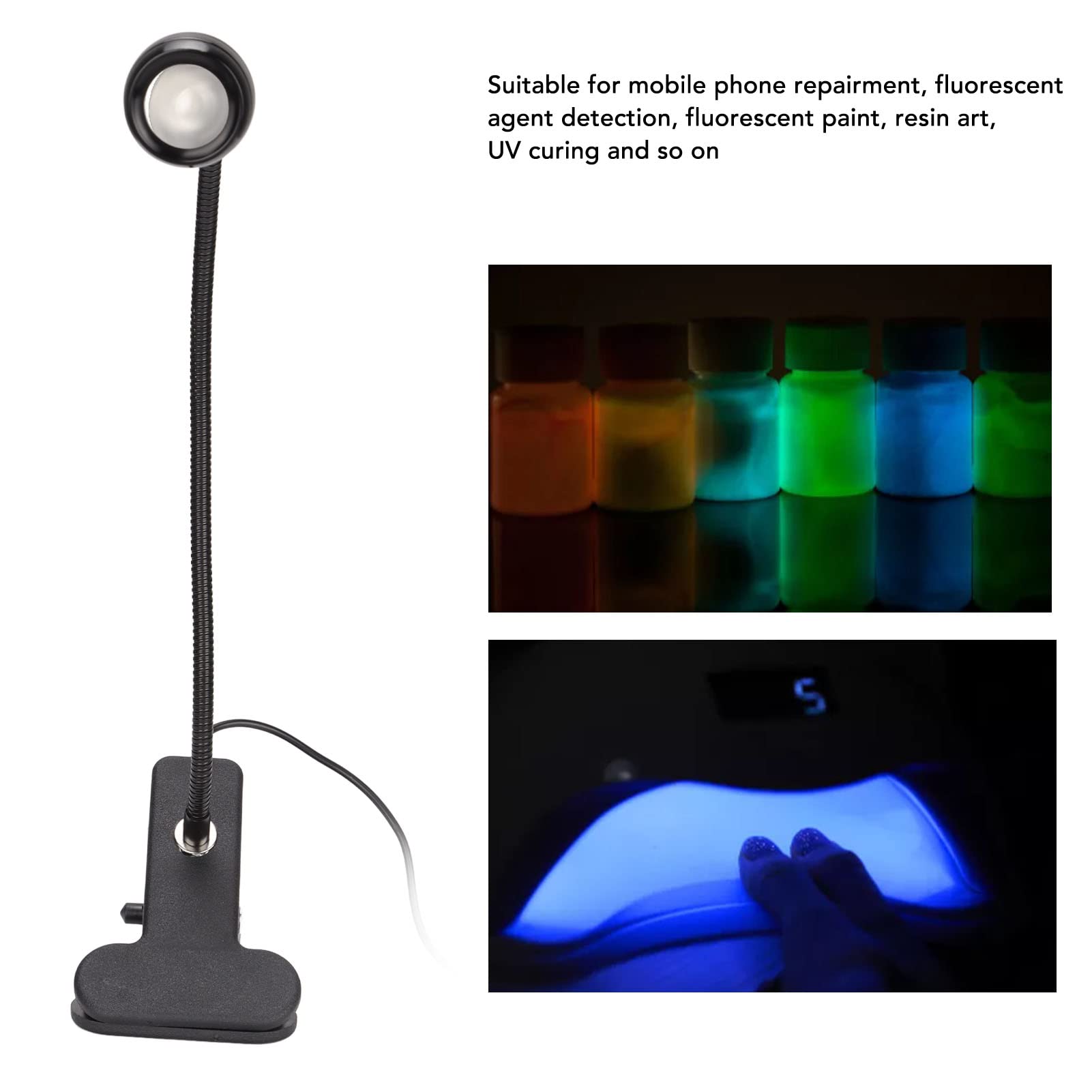 Lampada di polimerizzazione della colla UV, Lampade UV portatili flessibili a 360° USB 3W LED con lampada a collo d'oca e morsetto, Mini lampada da scrivania per unghie in gel, riparazione di telefoni