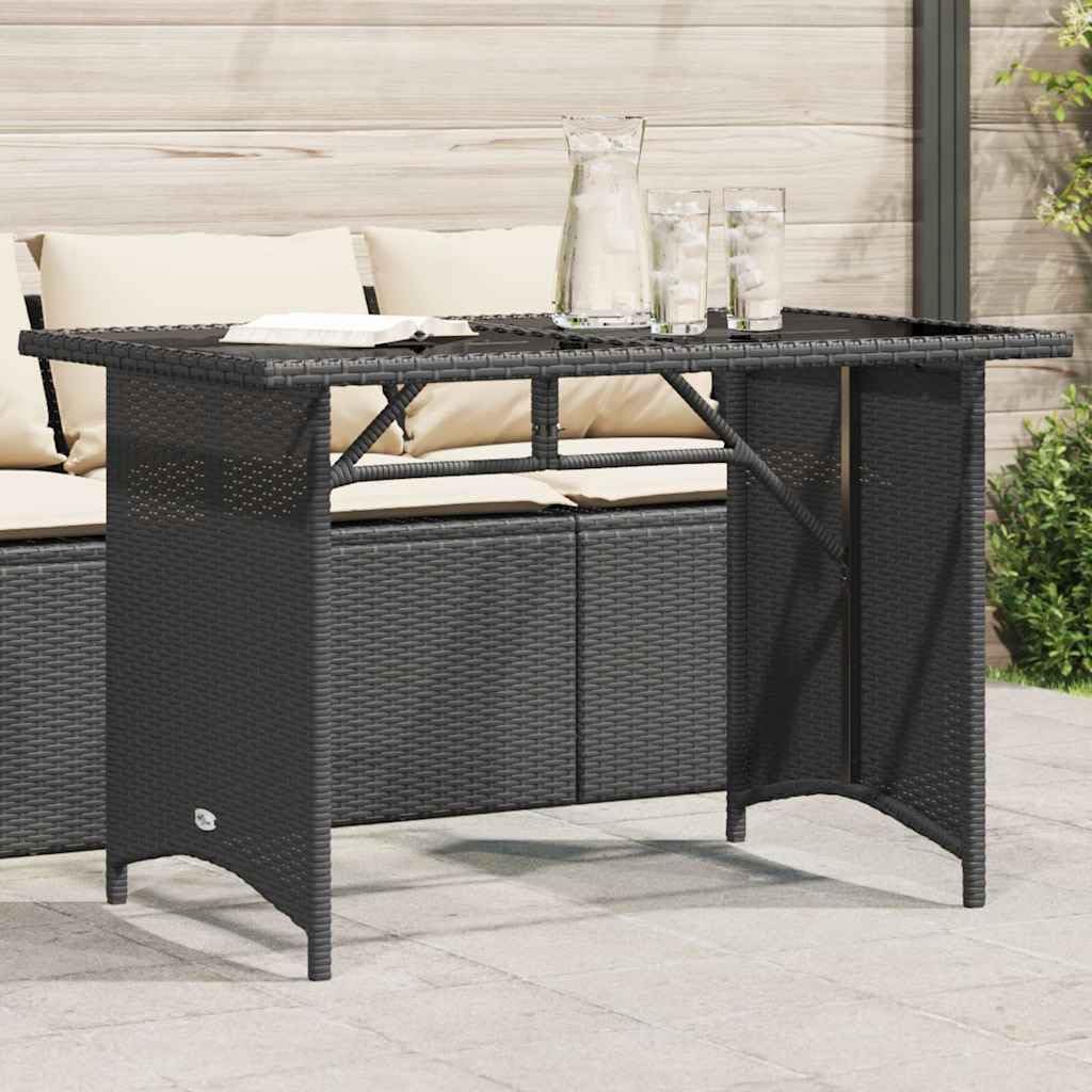 Garden Coffee Table Black Poly Rattan with Tempered Glass Top and Powder-Coated Steel Frame 43.3 x 26.8 in Outdoor Patio Furniture for Balcony, Patio, and Garden Use