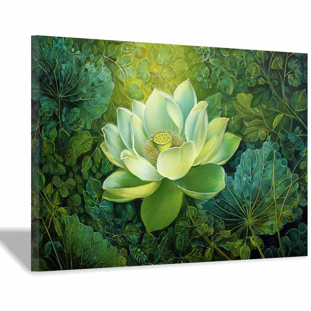 ZAMAEIU Natural Scenery Painting Lotuss hidden among leaves Pictures Artwork, Contemporary Wall Art Large Size, Room Aesthetic Home Decor,Living Room,Bedroom(green)-30x50cm Framed