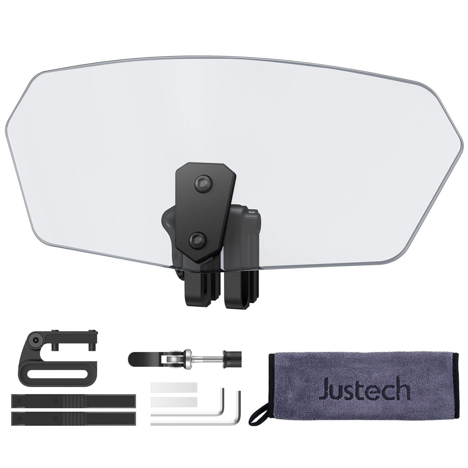 Justech Universal Motorcycle Windshield, Adjustable Wind Deflector Clip On Windshield Extension Spoiler Wind Air Deflector for Kawasaki BMW Triumph Motorbike-Smoke, Black Bracket