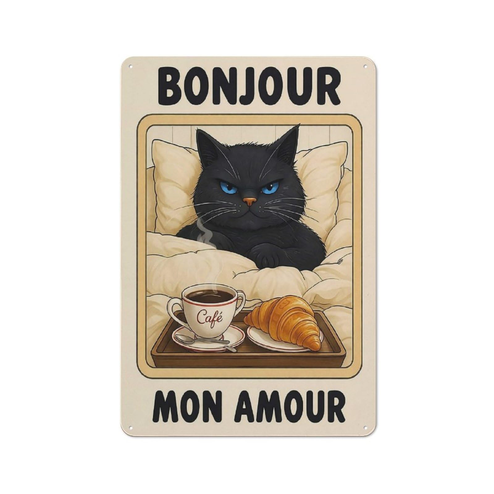 Junmoney Style-16 Garage Style Cat Bonjour Mon Amour Decorative Metal Plaque 30X20cm, Garage Wall Decor For Workshop, Basement, Shed Or Games Room