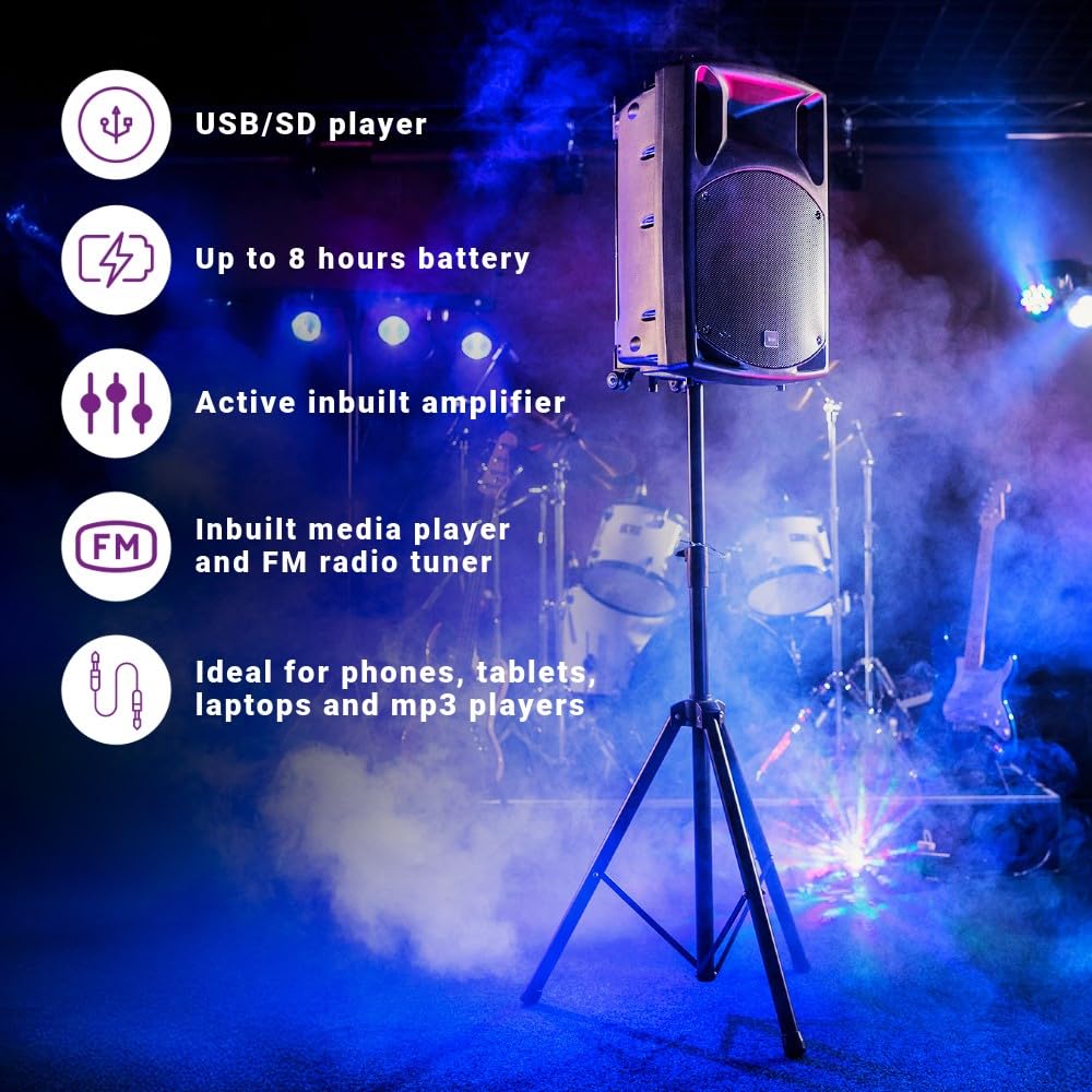 QTX Système de sonorisation portable complet QX15PA | 2 microphones sans fil et lecteur multimédia avec connectivité USB/SD/FM et Bluetooth