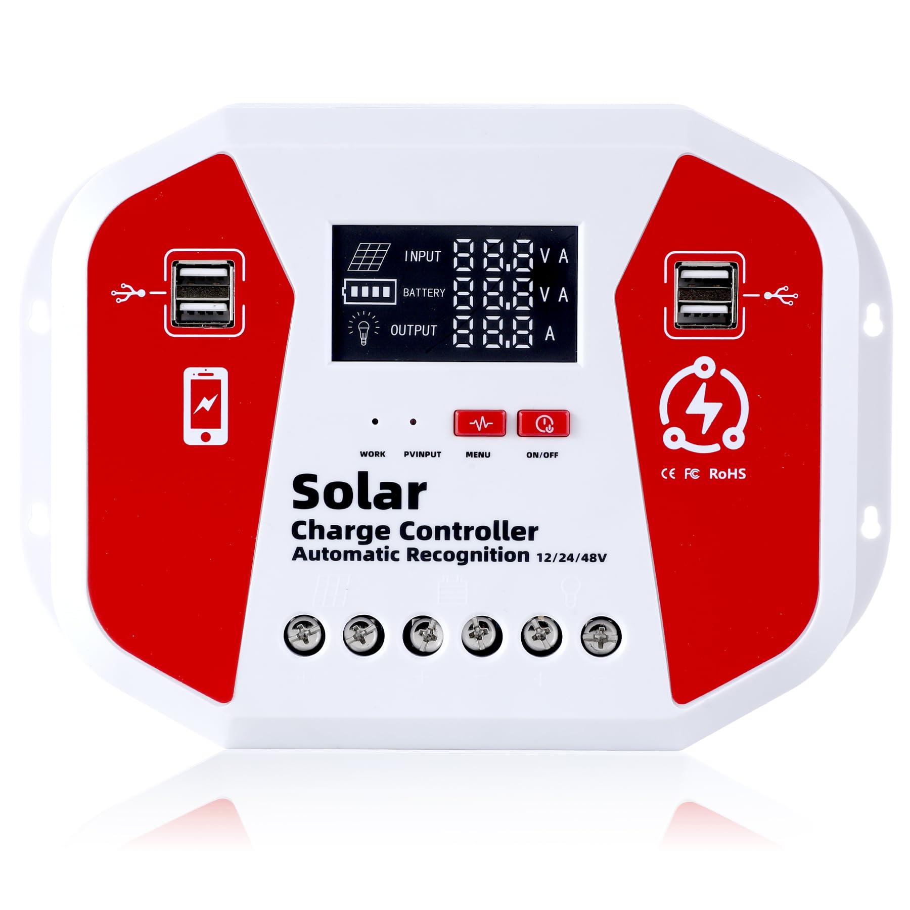 12V/24V Contrôleur De Charge Solaire, PWM Contrôleur De Charge Panneau Solaire, LCD Écran, 4 Ports USB, Compatible Gel Sealed Flooded Et La Batterie Au Lithium (60A)