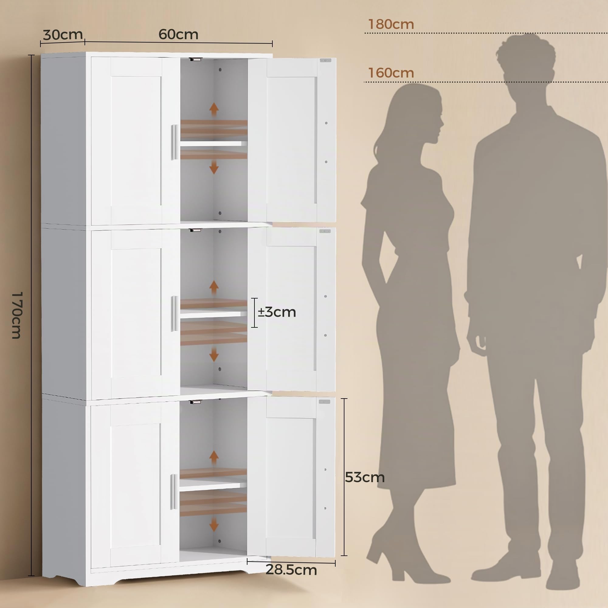 Armario de Baño de 6 Puertas, Armario de Baño de Columna Alta | Mueble de Baño con 3 Estantes Ajustables, Apto para el Baño, el Salón y la Cocina, Blanco, 30 × 60 × 170 cm, EXYYG023W