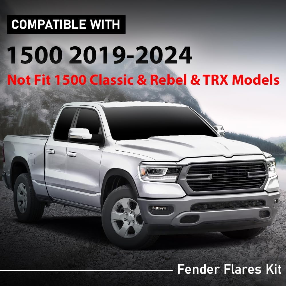 G-PLUS Fender Flares Compatible with Dodge Ram 1500 2019-2024 Not Fit 1500 Classic & Rebel & TRX Models Wheel Opening Molding Arch Trim 4PCS Black