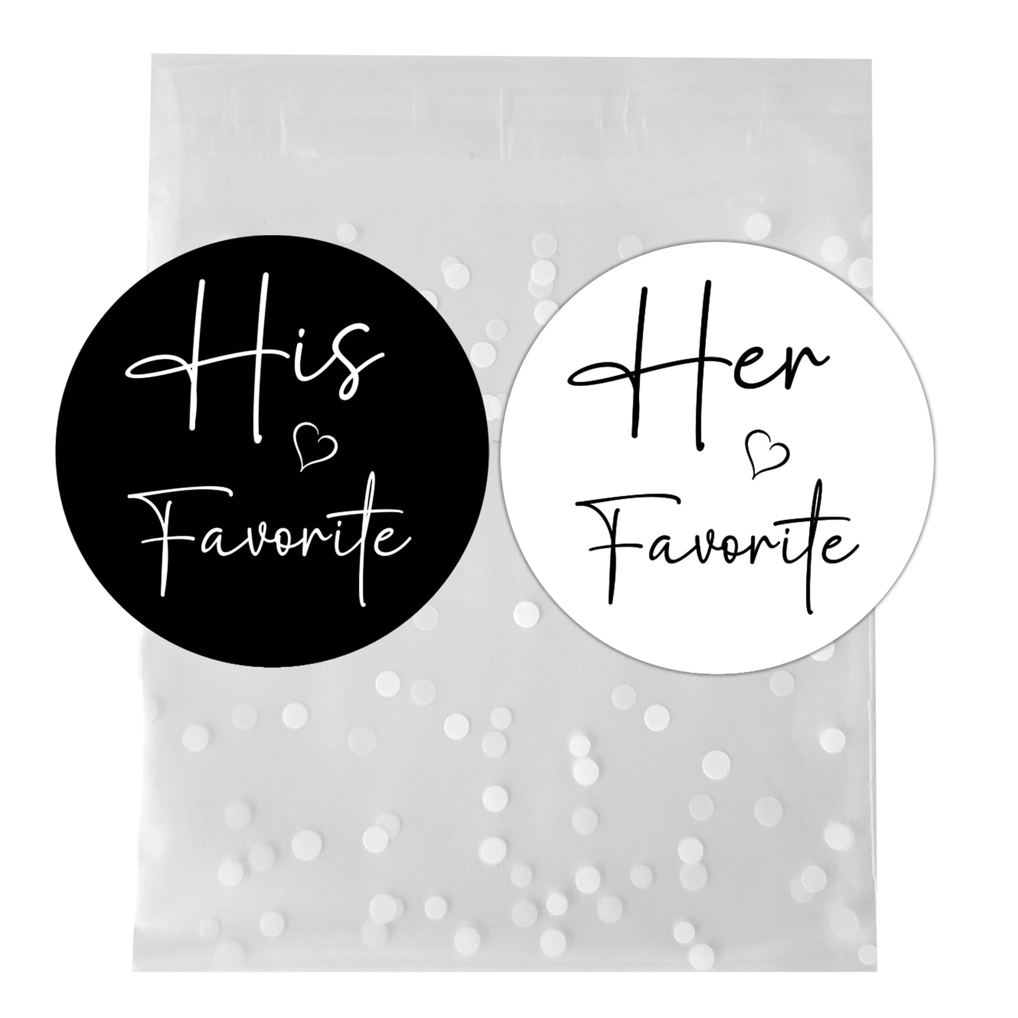 100 Favors 1.9 Inch His Her Favorite Wedding Labels Black White Stickers with 5.5x5.5 Inch Frosted Polka Dot Bags