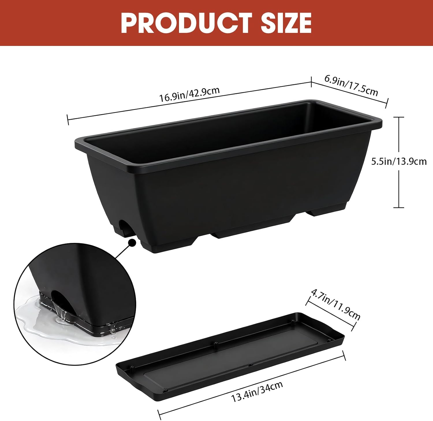 Rectangle Planters Box, 4 Pack Deck Hanging Planters for Railings, Window Box Planter with Drainage Holes & Trays, 16.9 Inch Balcony Planters Railing Hanging with Metal Brackets, Black Green (Black)