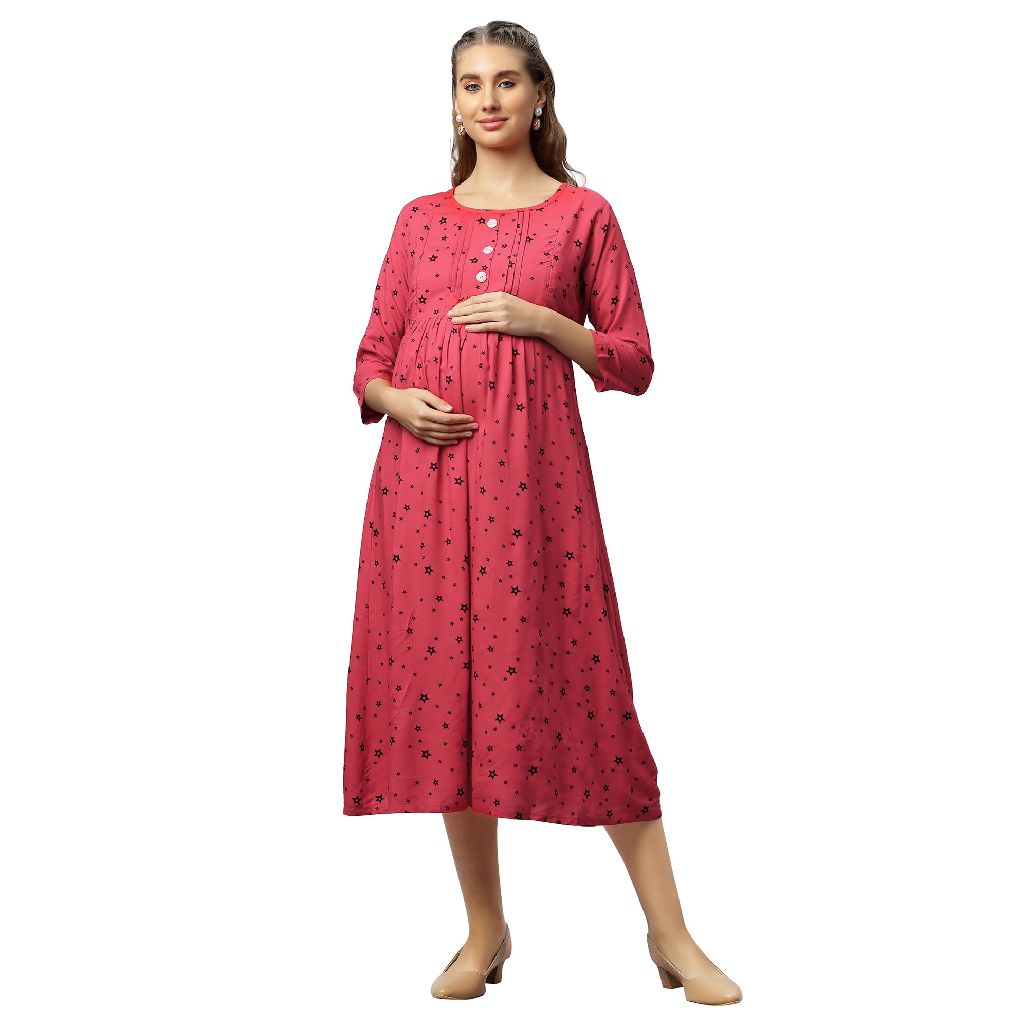 Women's Knee Length Printed Maternity/Feeding/Nursing Dress-image-23