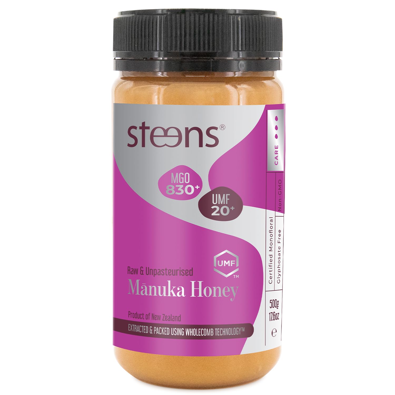 Steens Miele di Manuka - MGO 830+ - Puro Miele Manuka grezzo 100% certificato UMF 20+ - Invasettato e sigillato in Nuova Zelanda - Manuka Honey - 500 g