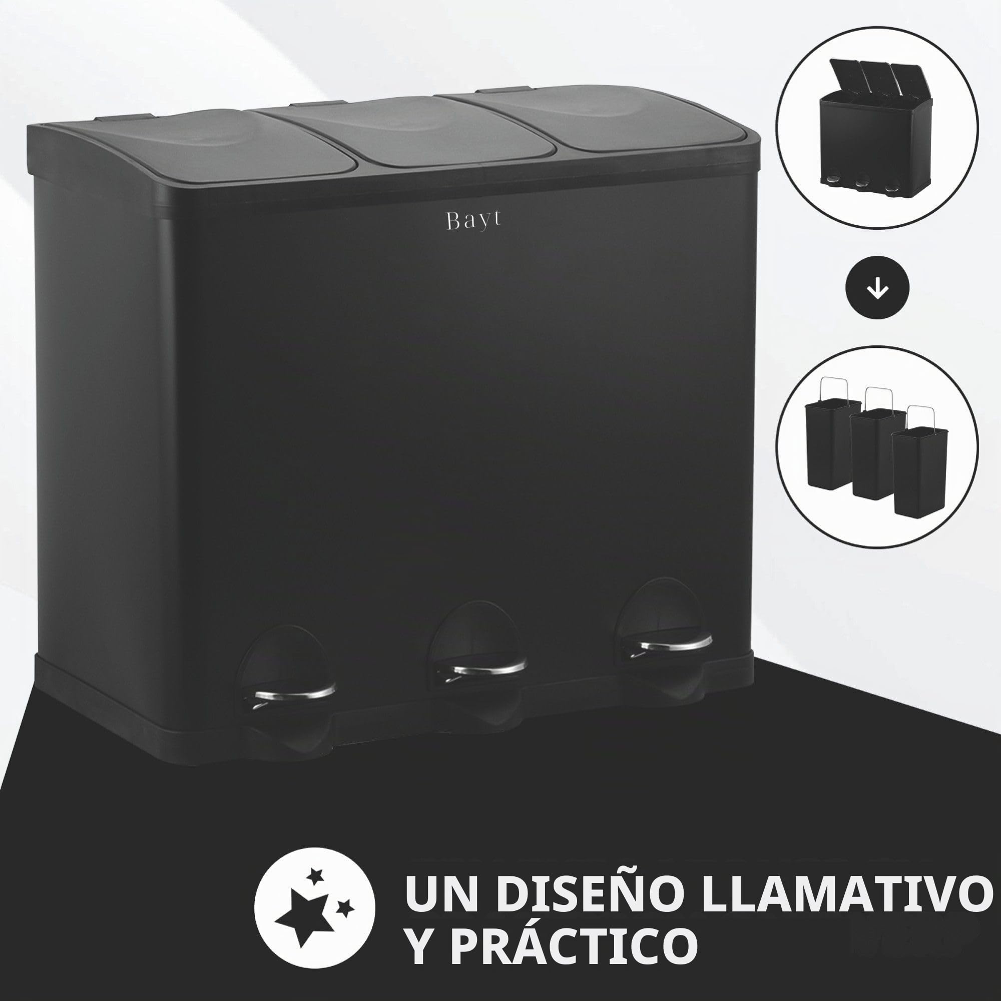 Bayt Cubo de Basura 60L (3 x 20L), Contenedor de Reciclaje para Cocina con 3 Compartimentos, Acero Inoxidable Negro, Pedales, Cubos Interiores, Negro