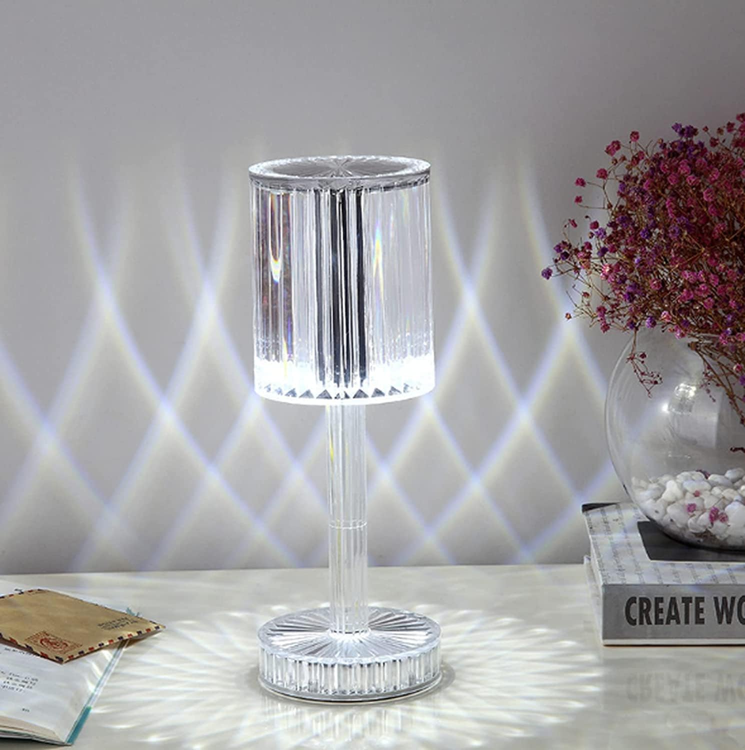 Acrylic Crystal Table Lamp, Exquisite Romantic Diamond Night Light Stylish Unique Multifunctional Bedside Lamp Elegant Beautiful Adjustable Night Light for Home