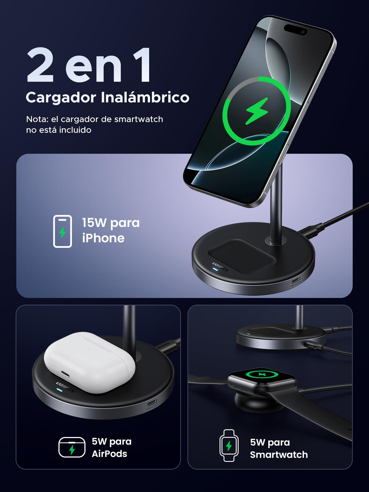 UGREEN MagFlow Qi2 15W Cargador Inalámbrico 2 en 1, Estación de Carga Magnética, Soporte Wireless Compatible con iPhone 16/15/14/13/12 Series, AirPods Pro 2/3 | Certificado Qi2, ángulo ajustable, luces LED, para iPhone serie 17-12, AirPods y más, adaptado