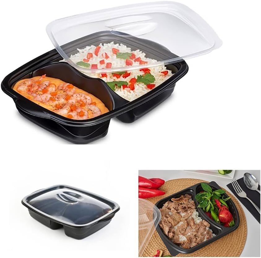 5 x 1000ml 2 SECTIONS BPA Free Plastic TAKEAWAY CONTAINERS & Lids -Plastic Food Containers, Meal Prep Boxes, Home, Pub, Catering Kitchens, Reuseable, Microwave & Freezer Safe (5 x 1L 2 Section)