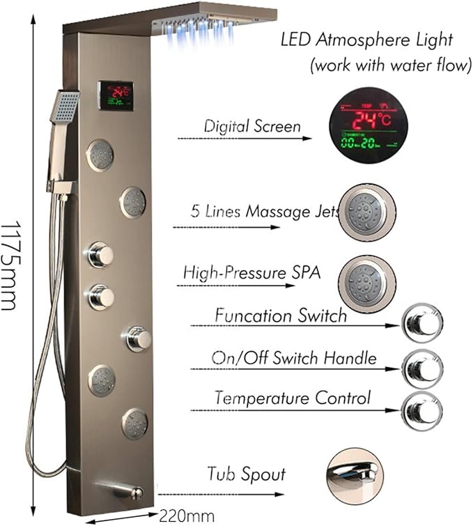 Sistema de ducha digital de lujo para baño, panel de ducha LED negro/cepillado, torre de ducha mural, grifo mezclador, ducha de mano, SPA y masaje, pantalla de temperatura, fácil instalación (Estilo 06) miniatura 2