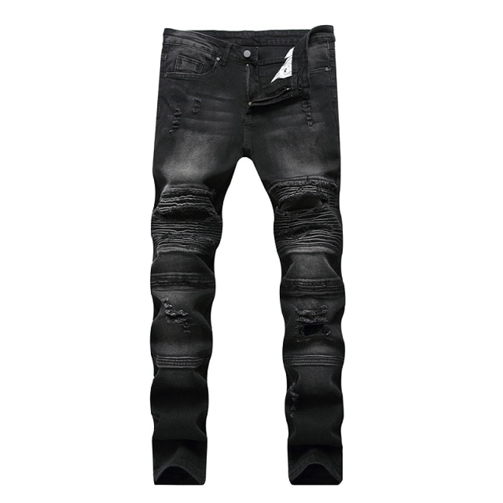 WQZYY&ASDCD Jeans Pantalon Herren Zerrissene Biker Jeans Distressed Moto Denim Jogger Destroyed Knee Leder Plissee Patch Jeans