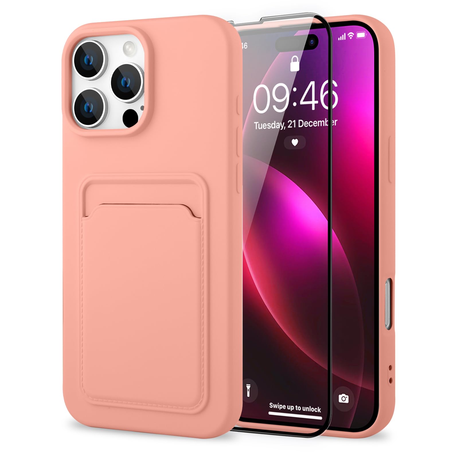 MZELQ Compatible with iPhone 16 Pro Max Case TPU Card Holder Wallet Cover,Camera Protection + Screen Protector Soft Card Slot Phone Case -Pink