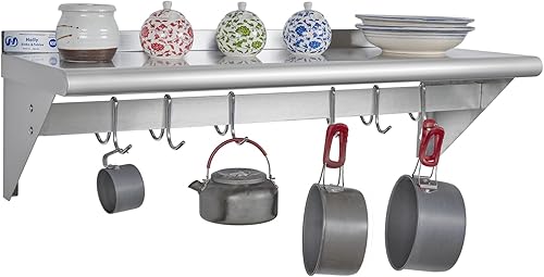 Miniatura 22 de Hally Estante de acero inoxidable con 6 ganchos de 14 x 36 pulgadas montado en la pared, 300 libras, estantería flotante comercial NSF para Con