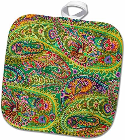 3D Rose N Paisley with Bird Pot Holder, 8" x 8", Orange and Turquoise