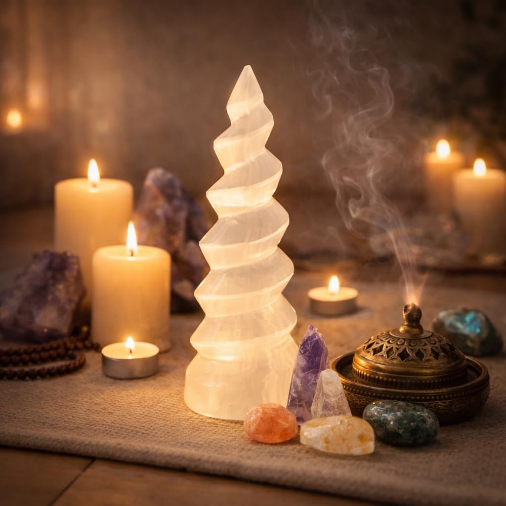 NKlaus Torre de selenita en espiral, 14 cm, piedra curativa para meditación, equilibrio de chakras y energía espiritual, decoración elegante y piedra protectora