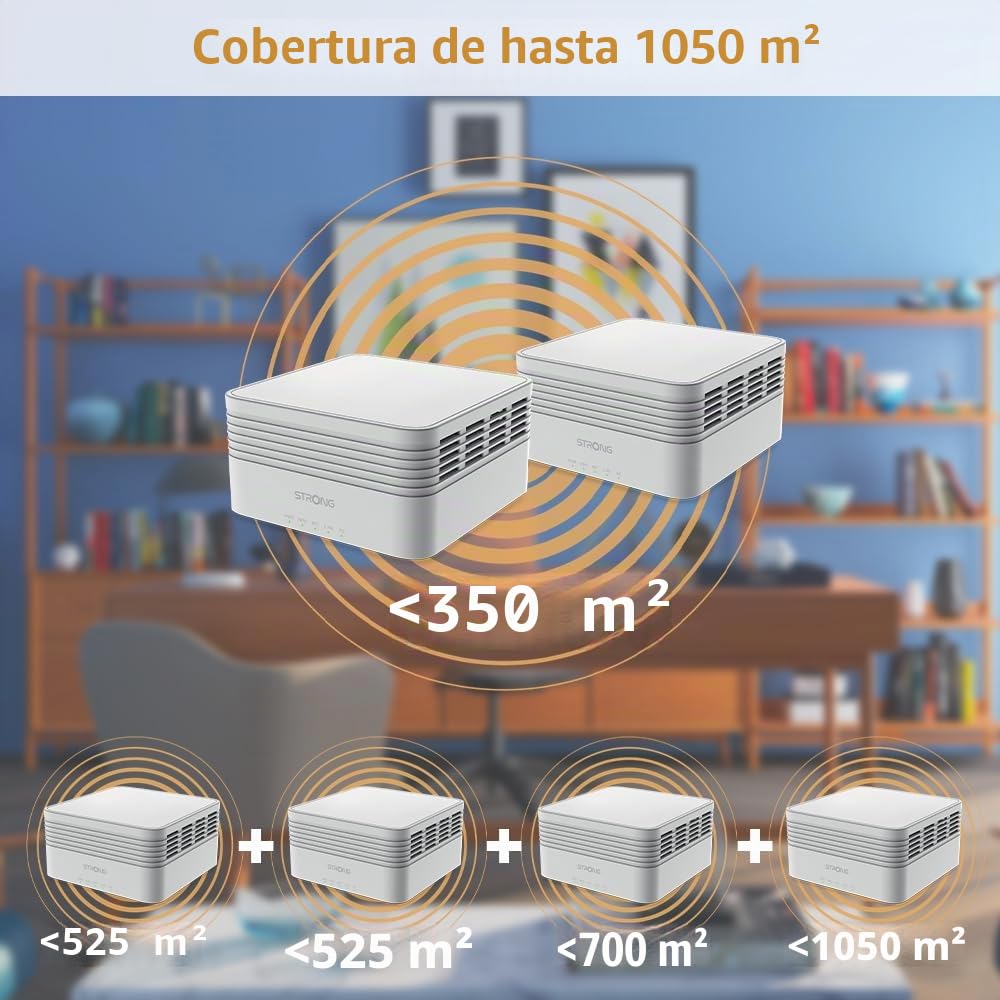 STRONG - Kit WiFi Mesh - Atria AX3000 Mbps - hasta 525 m² de Cobertura WiFi 6 Adicional - Compatible con Cualquier Box y Router Estándar - Doble Banda 2,4 GHz + 5 GHz - 3 Puertos Ethernet - Blanco