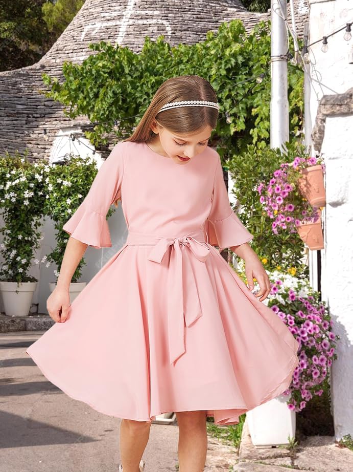 Girls Spring Summer Dresses Formal 2026 Fashion Belt Fit Knee High Modest Big Kids Midi Teen Dresses Outfits - Image 5