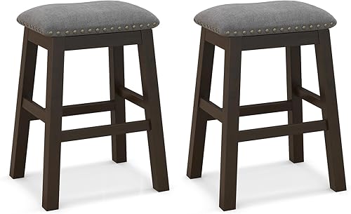 COSTWAY Juego de 2 taburetes de silla de montar de 24.5 pulgadas de altura de mostrador con ribete de cabeza de clavos, asiento acolchado, patas de