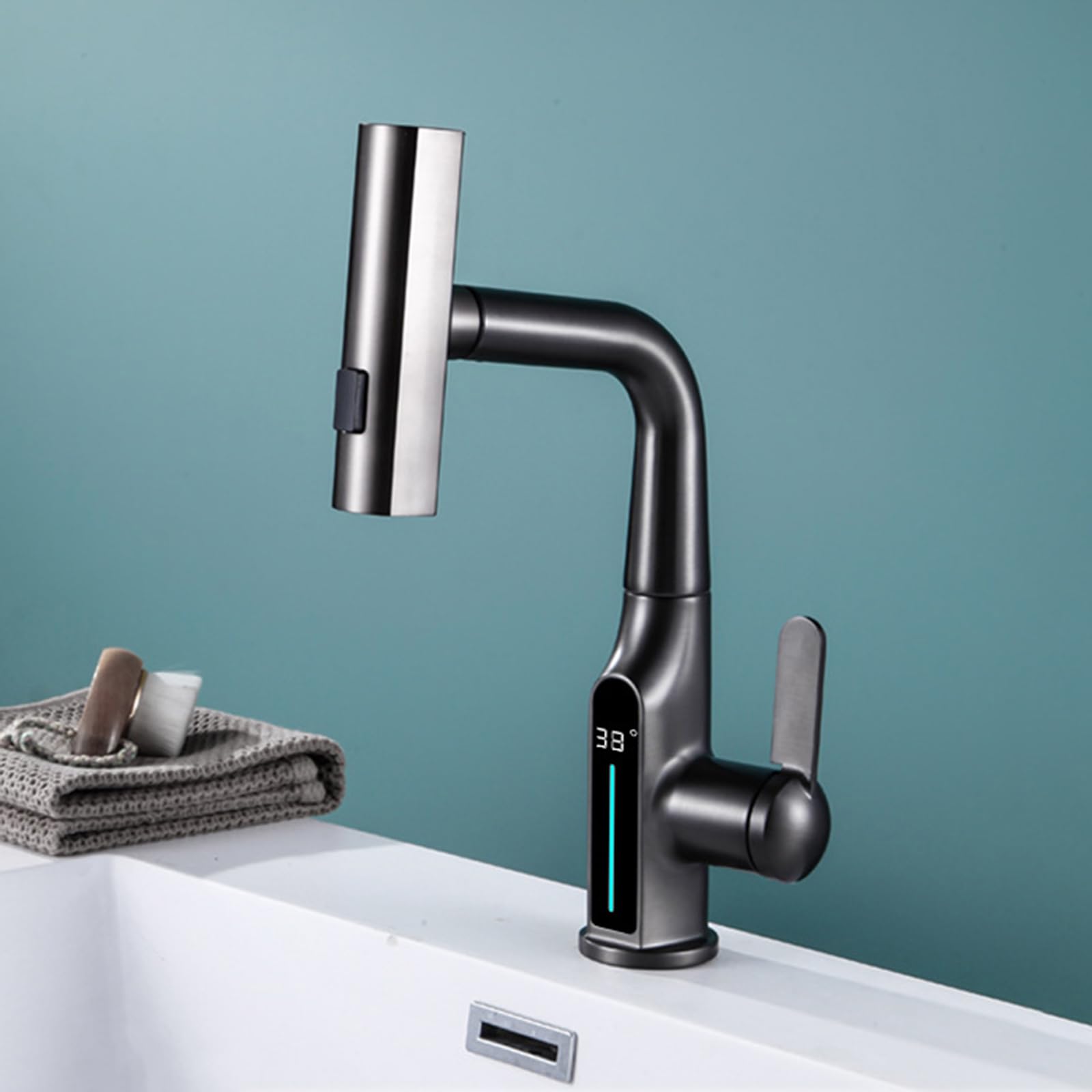 Generico Rubinetto da Bagno Rubinetto Miscelatore per Lavabo Cascata con Doccetta Estraibile Rubinetto Miscelatore Monocomando per Lavabo con Display Digitale Bianco