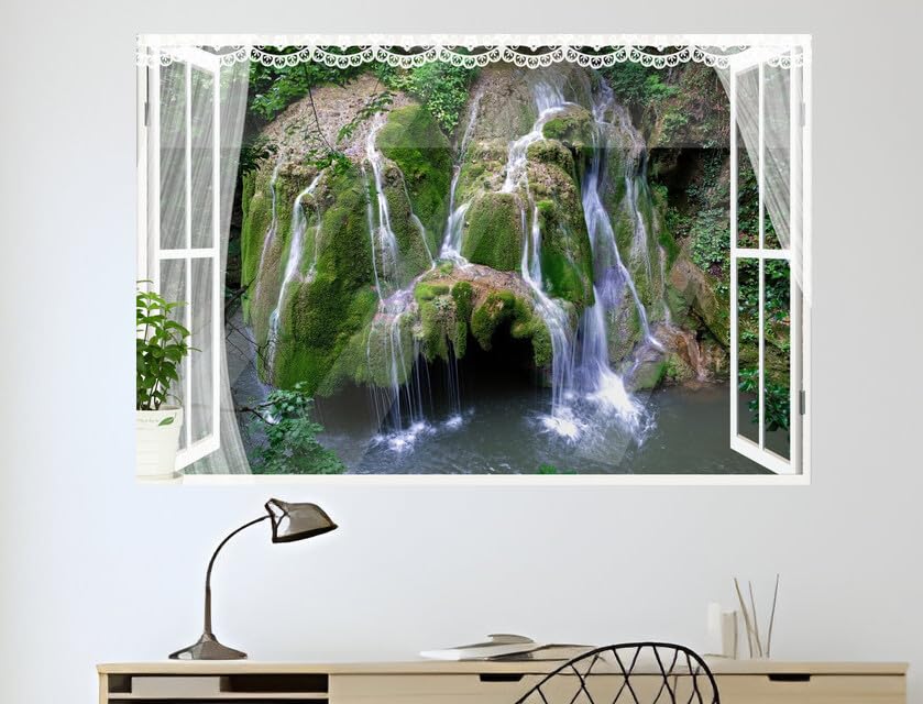 JVERF - JZZB26879 Romania Waterfalls Bigar Waterfall Crag Moss| Self-Adhesive Open Window Wall Sticker