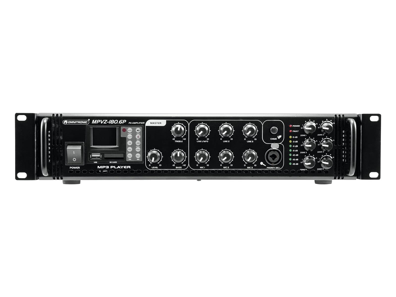 OMNITRONIC MPVZ-180.6P Mischverstärker | 6-Zonen-ELA-Mono-Mischverstärker, MP3-Player & IR-FB, Zonen regelbar, 180 W