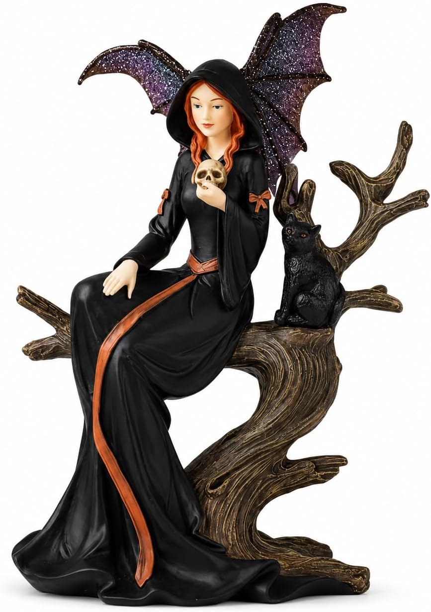 Comfy Hour 7.5" Gothic Fairy Witch Figurine, Fantasy Sorceress with Skull and Black Cat on Withered Tree, Spooky Home Office Desktop Decor, Hand-Cast Polyresin Statue, 1 Piec
