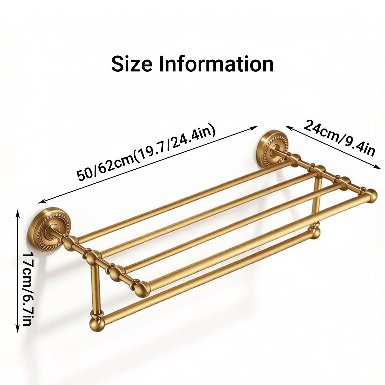 Moderno toallero de pared de 2 niveles en latón cepillado – sin taladrar, cobre antiguo H para el hogar y el hotel – Dimensiones: 62 x 24 x 17 cm / 24.4x9.4x6.7in