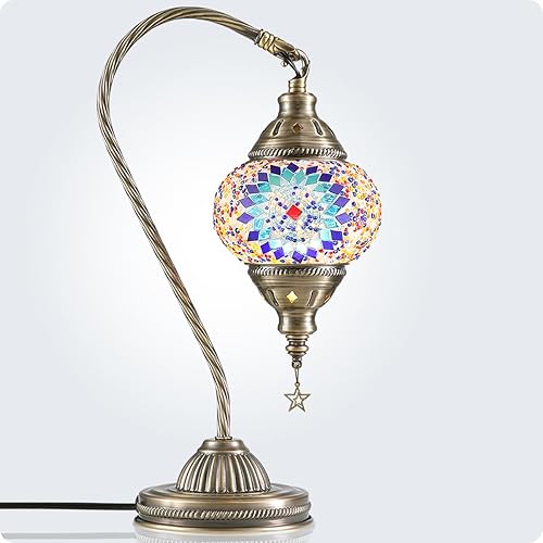 Miniatura 7 de Yarra-Decor - Lámpara turca marroquí con base de bronce, lámpara de mesa hecha a mano con cuello de cisne y mosaico de vidrio Tiffany, cambia de